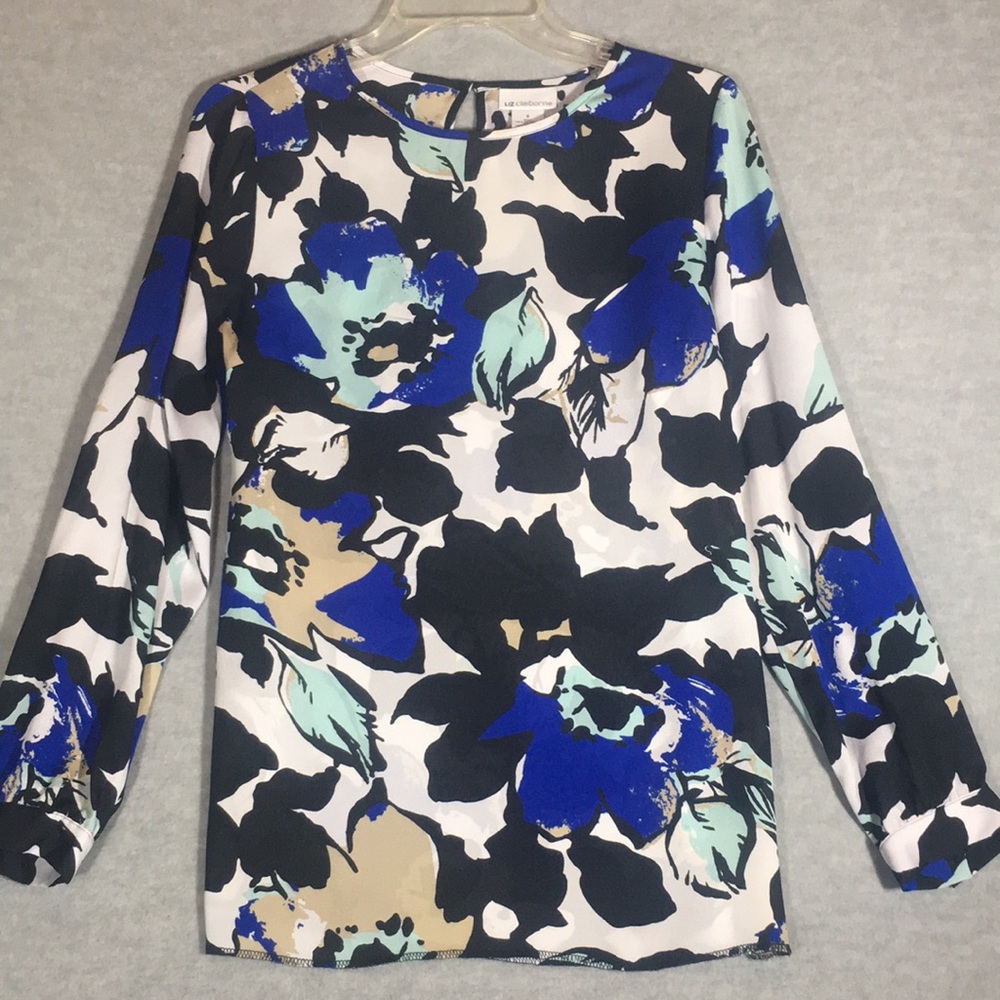 LIZ CLAIBORNE Abstract Floral Print Long Line Easy Care Poly Fabric Long Sleeve